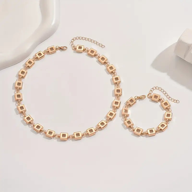 2-Delige Chic Sieradenset – Holle Vierkante Ketting & Armband