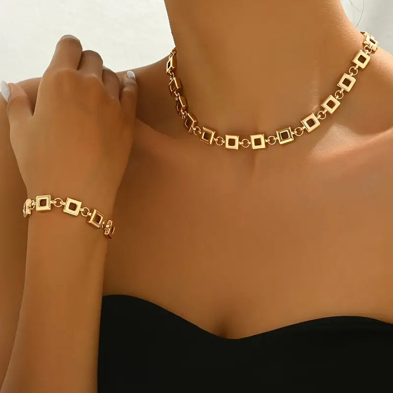 2-Delige Chic Sieradenset – Holle Vierkante Ketting & Armband