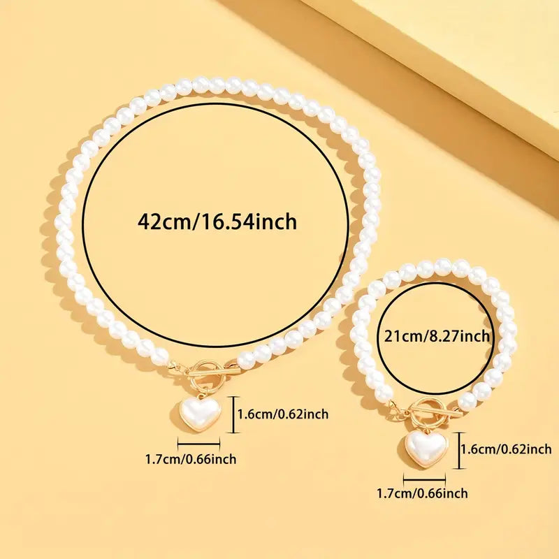 Stijlvolle Sieradenset – Ketting & Armband met Hart, Kunstparel en Trendy OT-Gesp