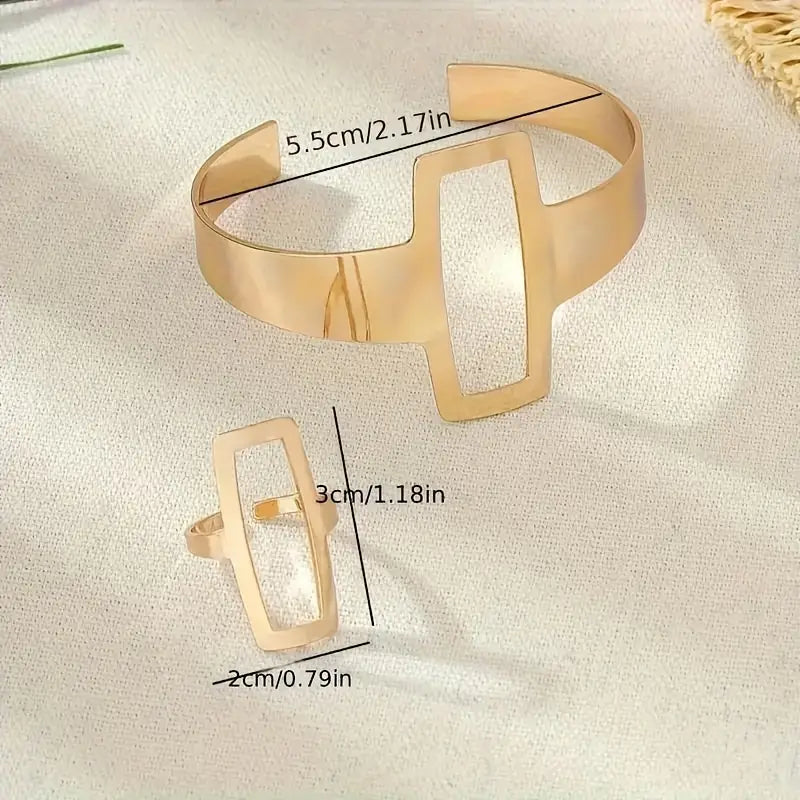 Elegante 14K Vergulde Open Manchet Armband en Ring Set