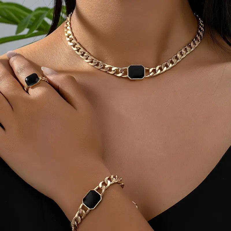 Rechthoekige Mode Dikke Ketting Ring – Set van Drie (Ketting + Ring)