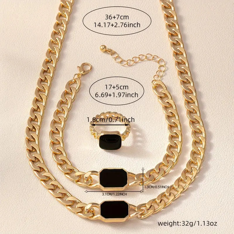 Rechthoekige Mode Dikke Ketting Ring – Set van Drie (Ketting + Ring)