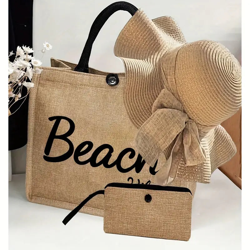 Stijlvolle Strandtas met Accessoires – Inclusief Strandhoed & Make-uptasje – Khaki