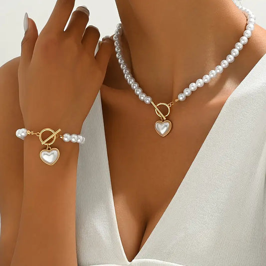 Stijlvolle Sieradenset – Ketting & Armband met Hart, Kunstparel en Trendy OT-Gesp