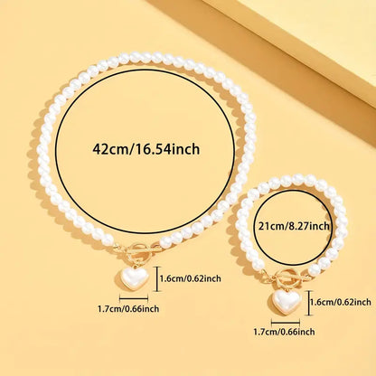 Stijlvolle Sieradenset – Ketting & Armband met Hart, Kunstparel en Trendy OT-Gesp