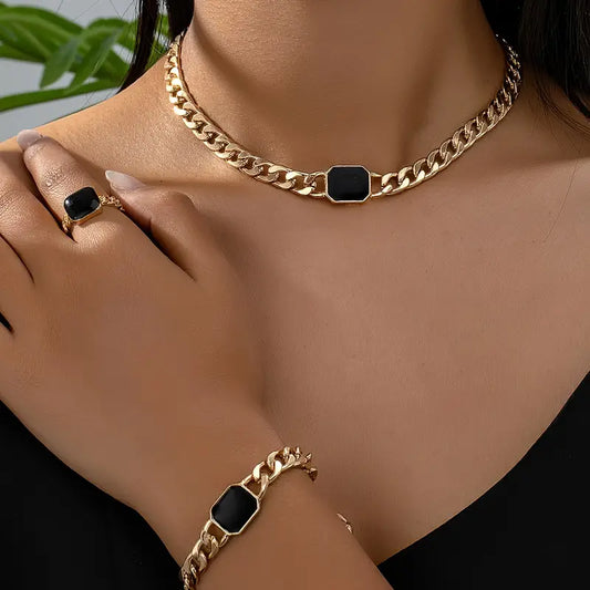 Rechthoekige Mode Dikke Ketting Ring – Set van Drie (Ketting + Ring)