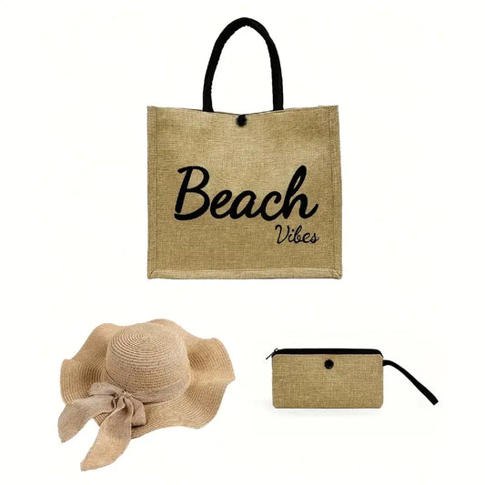 Stijlvolle Strandtas met Accessoires – Inclusief Strandhoed & Make-uptasje – Khaki