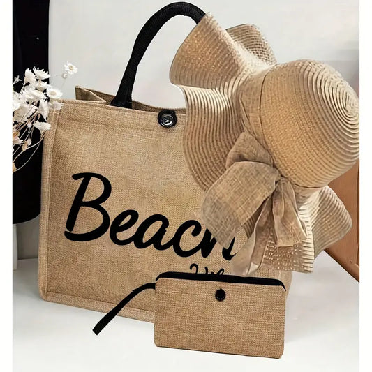 Stijlvolle Strandtas met Accessoires – Inclusief Strandhoed & Make-uptasje – Khaki